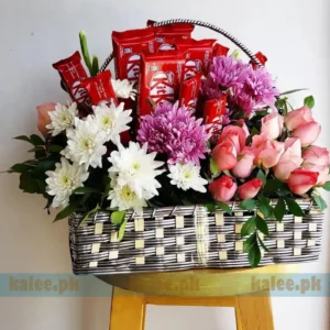 White & Purple Daisy With Pink Rose Flowers Chocolates Basket