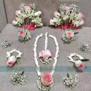 Pink Rose Tuberose & star Jasmine Complete Jewelry Set With Baby Breath