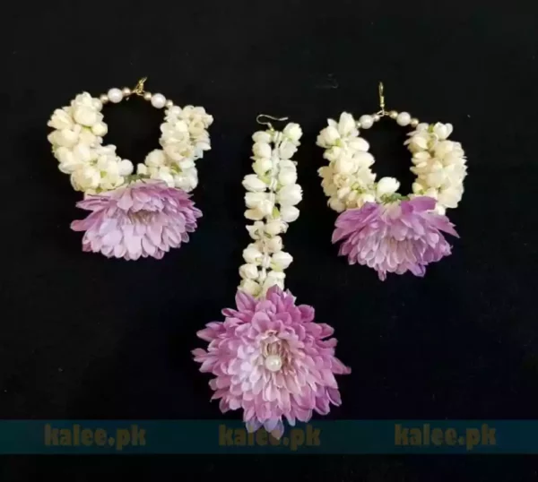 Image featuring earrings and a Bindya adorned with purple daisy and jasmine motifs
