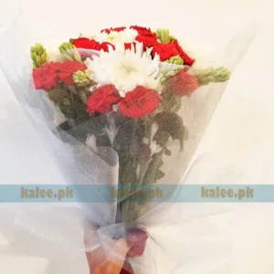 White Daisy & Red Rose Flowers Bouquet With Tuberose
