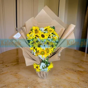 A bouquet of sunflowers and statice.