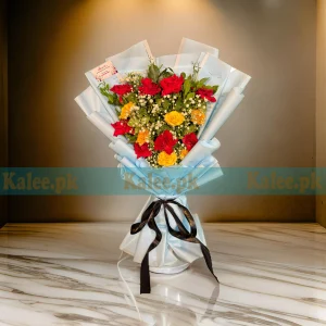 Roses Bouquet with fresh red and yellow roses, beautifully arranged with baby’s breath and wrapped in premium paper.