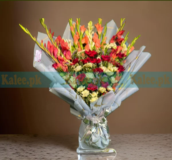 A wrapped bouquet of mixed colorful flowers.