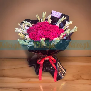 Rose Flowers Bouquet with fresh red roses and fragrant tuberose, elegantly wrapped in decorative paper and finished with a satin ribbon.