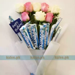 Imported White & Pink Rose Flowers Bouquet With Chocolates