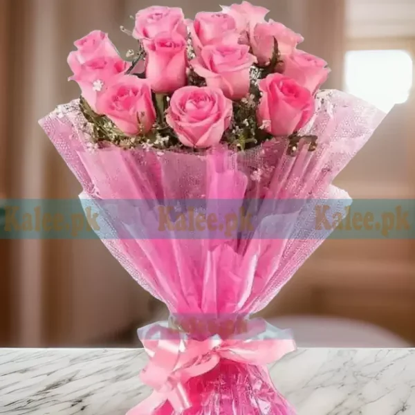 A bouquet featuring imported pink rose flowers arranged in a classy and shiny presentation