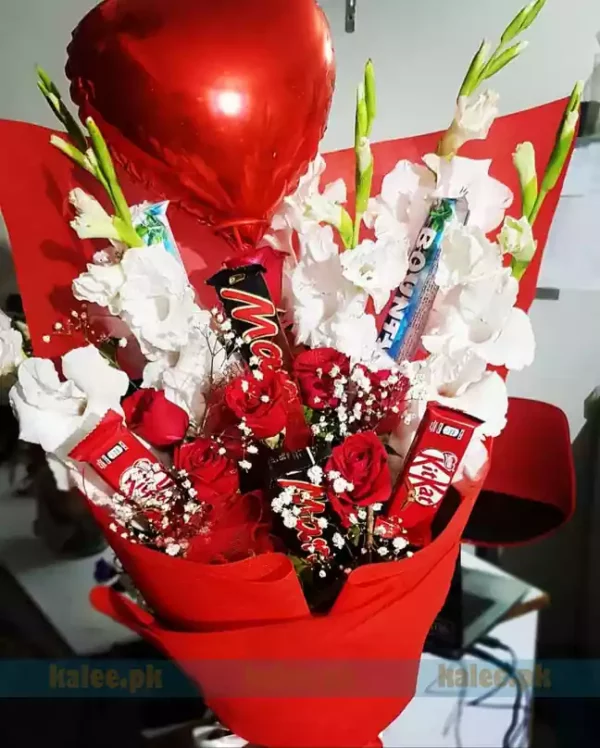 Red Rose Flowers With Baby Bud & Balloon Bouquet