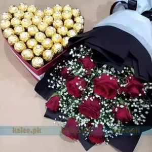 Red Rose Flowers With Baby Bud Bouquet & Heart Shape Chocolate Box