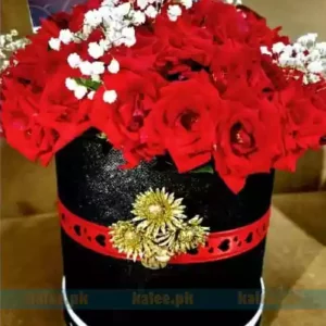 Red Rose Flowers Box With Baby Breath