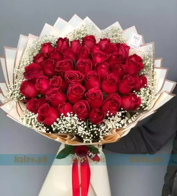40 Imported Red Rose Flowers With Baby Bud Bouquet