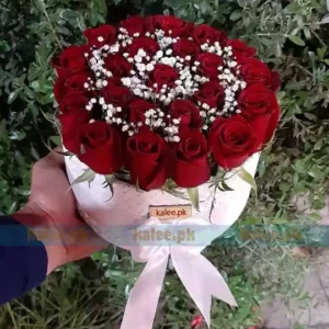 Imported Red Rose Flowers Box With Baby Breath
