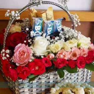 White Pink & Red Rose Flowers Basket With Baby Bud & Chocolates