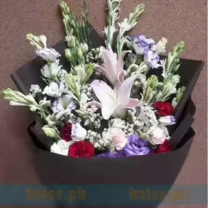 White Tulip & Red Rose Flowers Bouquet With Lilly & Baby Bud