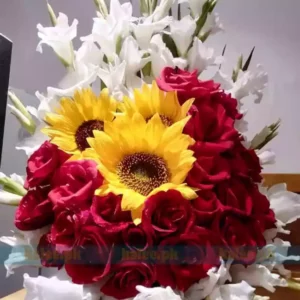 Red Rose Flowers With Sunflower & White Glade Basket Bouquet