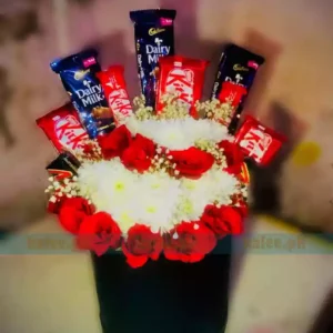 Red Rose & Daisy Flowers With Baby Bud Chocolate Bouquet