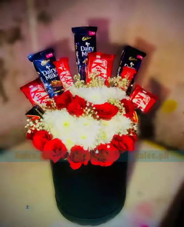 Red Rose & Daisy Flowers With Baby Bud Chocolate Bouquet