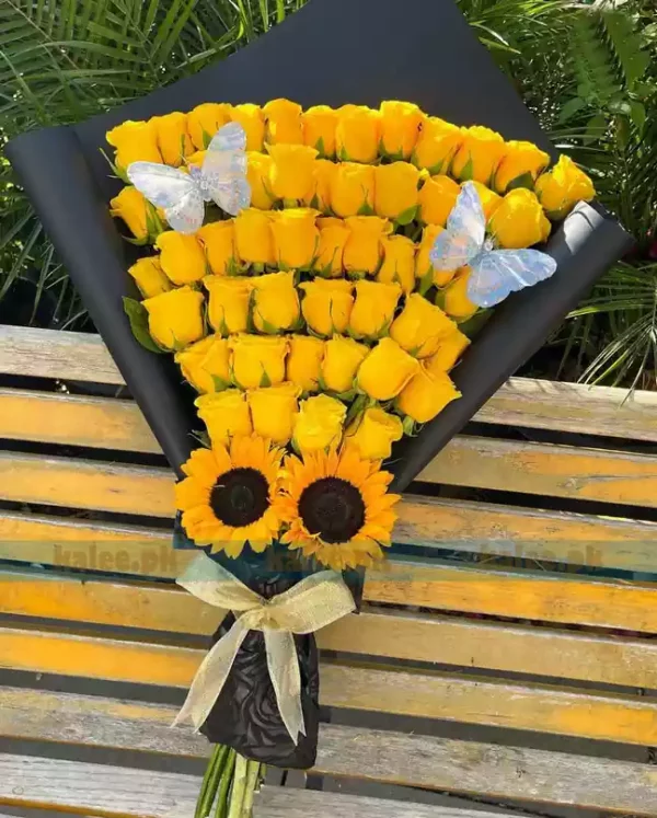 Sunflowers With Imported Yellow Rose Flowers Bouquet