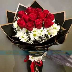 Imported Red Rose & White Daisy Bouquet With Baby Breath