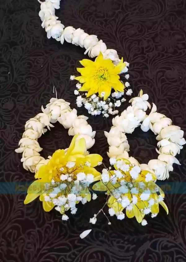 Image displaying Jasmine and Yellow Daisy earrings alongside a Bindya accessory, accented with Baby Breath details