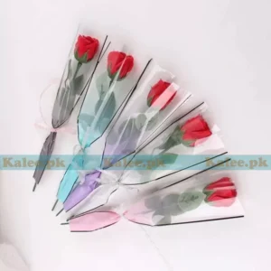 Two sets of five single red rose blooms delicately wrapped in clear plastic.