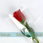 A single red rose delicately wrapped in clear plastic.