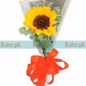A single sunflower presented in chic and stylish wrapping.
