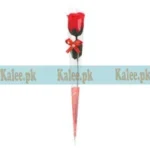 A single red rose delicately wrapped in clear plastic.