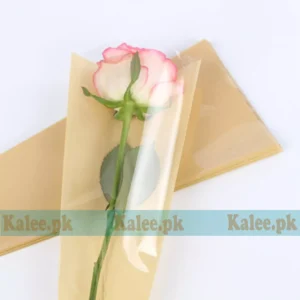 A single pink rose delicately wrapped in clear plastic.