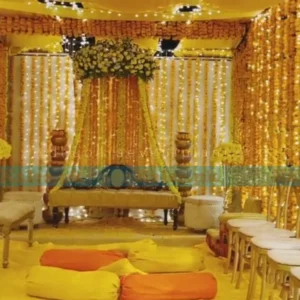 Stage adorned with beautiful and luxury marigold flowers decoration
