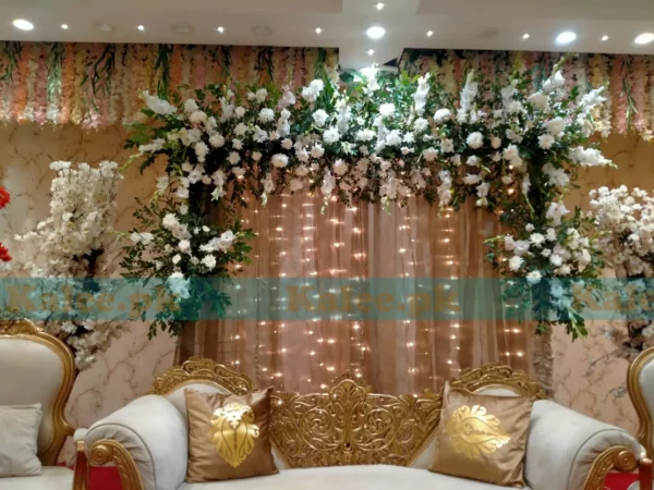 Stage adorned with glades and marigold flowers