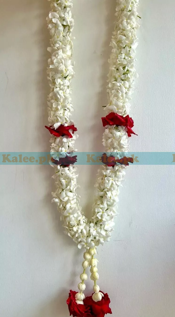 Garland haar/mala featuring star jasmine and red rose