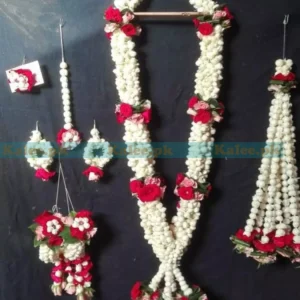 Red rose with jasmine complete jewelry set with garland