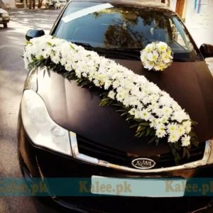 A car creatively embellished with white daisy flowers.
