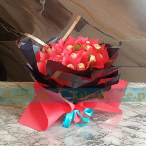 A bouquet of Ferrero chocolates wrapped in colorful fancy paper