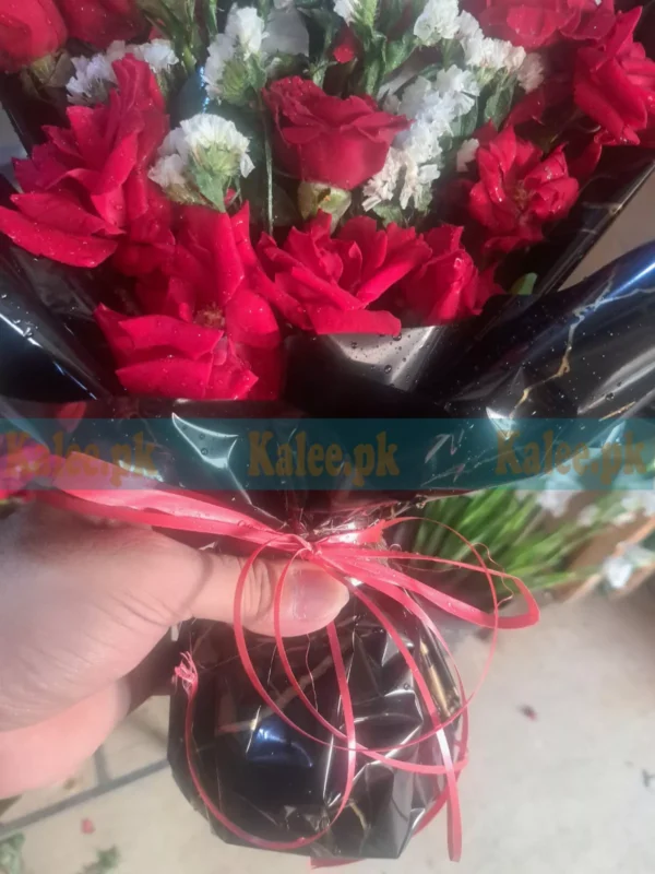 Bouquet of Statice Flowers and English Red Roses with Chocolates