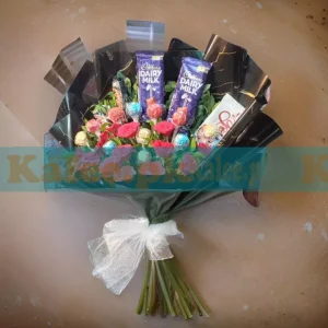 A delightful Chocolates Bouquet paired with fresh red English roses for a sweet and elegant gift.