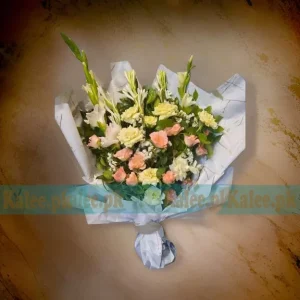 Bouquet of Yellow & Pink Roses with Tuberose & Statice Flowers