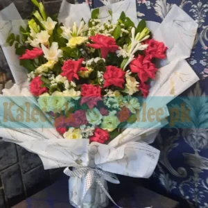 Bouquet of Tuberose, English Yellow & Red Roses Flowers with Fancy Wrapping