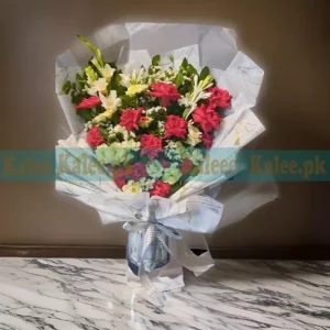 A beautifully arranged Roses Flowers Bouquet, featuring vibrant yellow and red roses paired with fragrant tuberose for an elegant floral display.