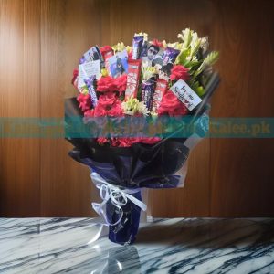 Bouquet of Chocolates Surrounded by English Red Roses & Tuberose Flowers