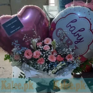 Flowers Box with English Pink Roses & Baby's Breath with Balloons