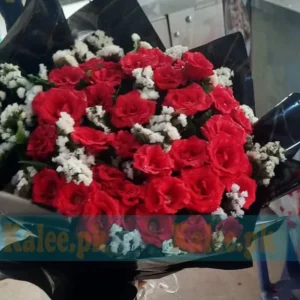 Classy Bouquet of English Red Roses and Statice Flowers