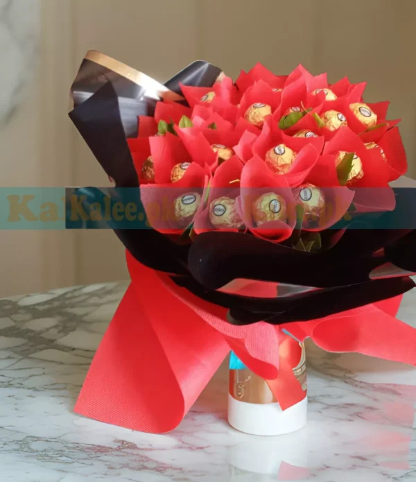 A bouquet of Ferrero Rocher chocolates wrapped in colorful fancy paper