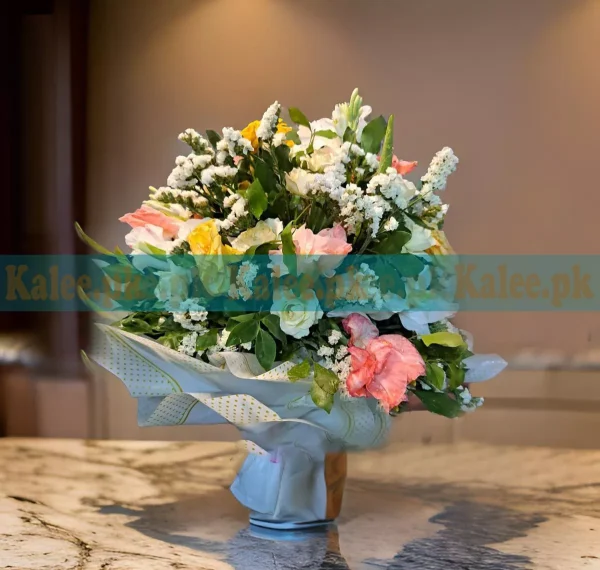 Bouquet of Yellow Roses, Pink Glades, Tuberose & Statice Flowers