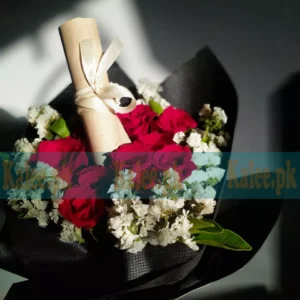 Black Wrapped Bouquet with Red Roses & Statice Flowers