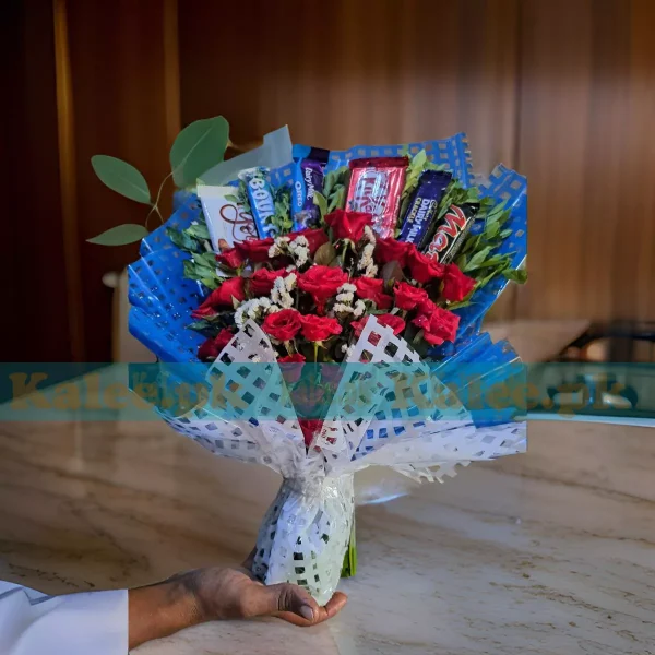 Bouquet Featuring Statice Flowers & English Red Roses Among Chocolates