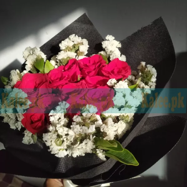 Fancy Black Bouquet with Red Roses & Statice Flowers