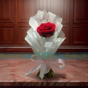 A graceful crochet flower bouquet featuring meticulously handcrafted red roses