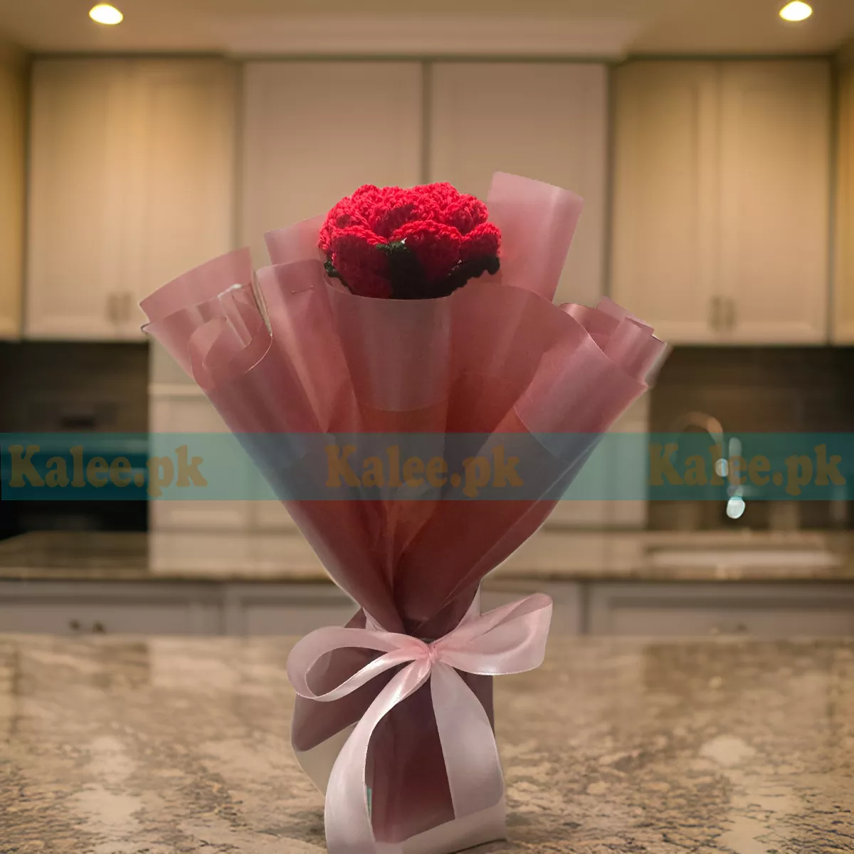 A lavish crochet bouquet featuring extravagant handcrafted red roses