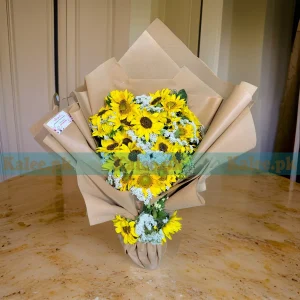 A vibrant sunflower bouquet in a rustic vase